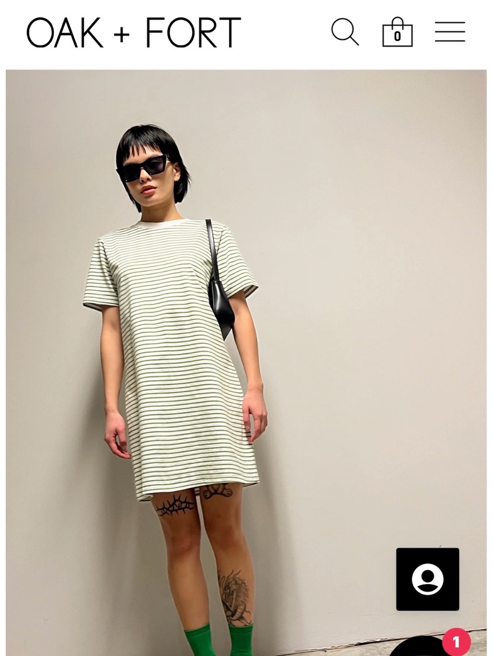 OAK + FORT T-shirt dress- Green and White Striped Crewneck Dress, SIZE SMALL